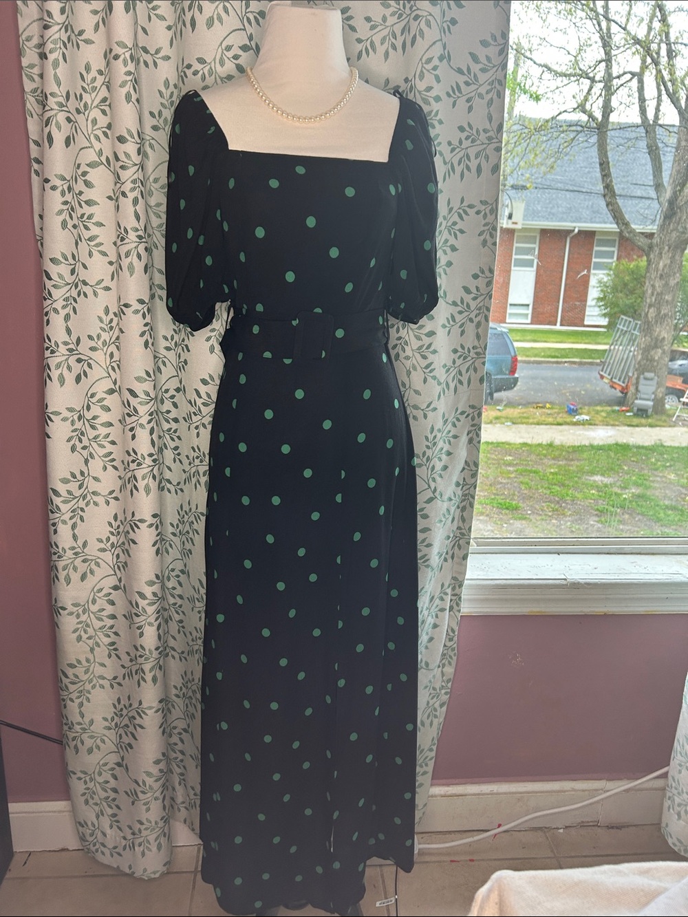 New Look Black Maxi Dress with Green Polka Dots